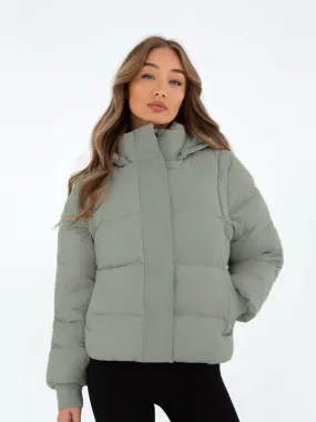 Stretchable Waistband Light Reflective Zippers Multiway Puffer Coat 2 - Sage Green