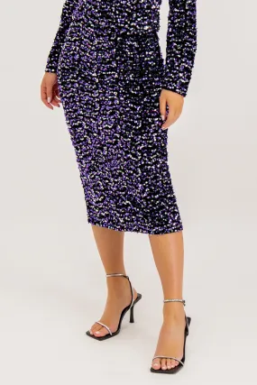 Wrinkle Resistant Finish Thermoregulating Fabric Kam Purple & Silver Sequin High Waisted Midi Skirt