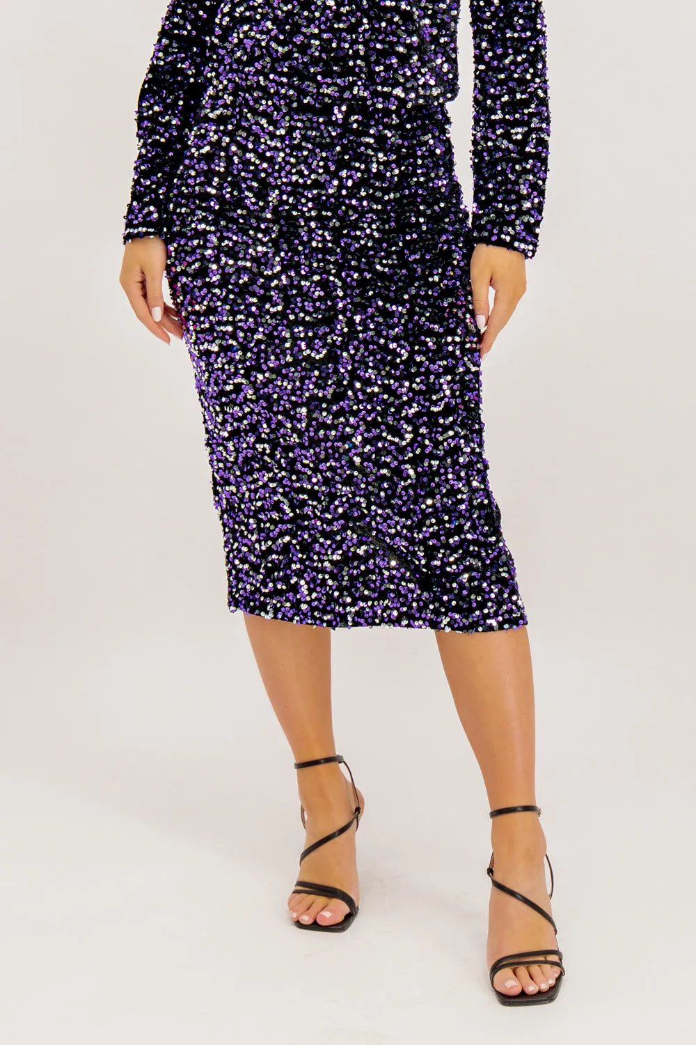 Kam Purple & Silver Sequin High Waisted Midi Skirt Pull On Style