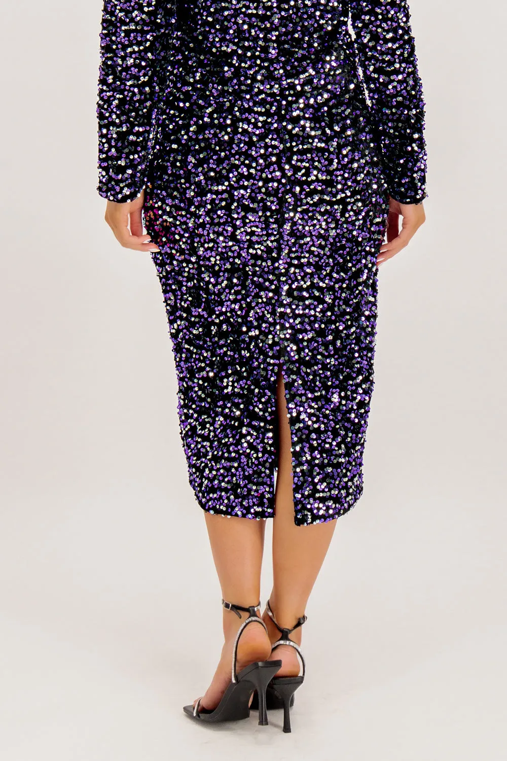 Button Fastenings Weighted Hem Kam Purple & Silver Sequin High Waisted Midi Skirt