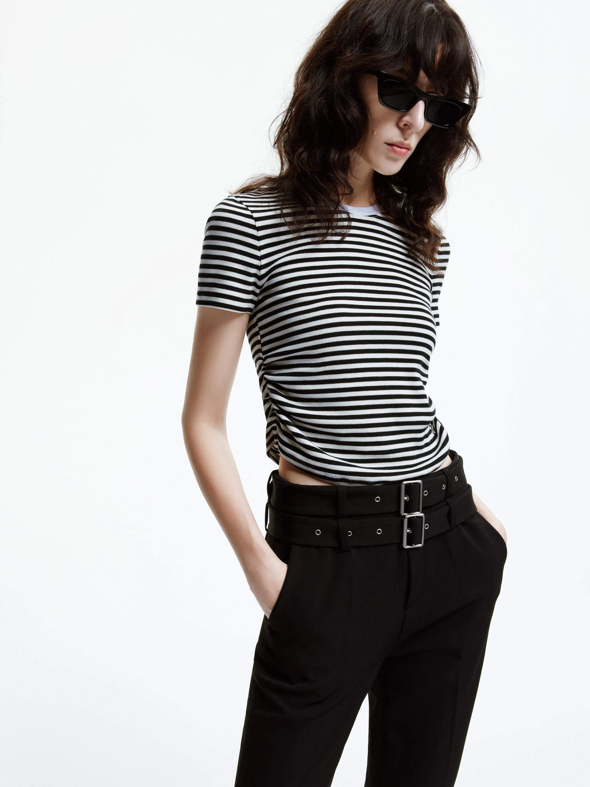 Side Pleated Cropped T-shirt Reinforced Edging Anti Fade Colorfast