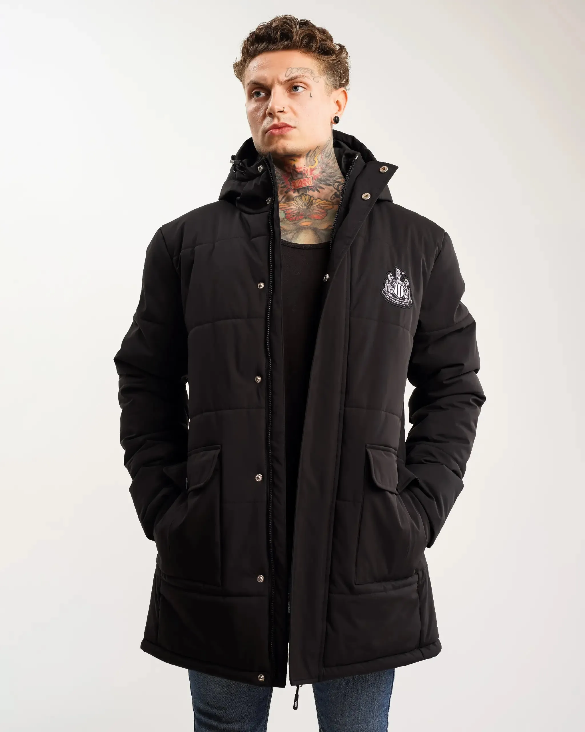 Newcastle United Men's Black Long Line Padded Jacket (Stadio) Transitional Daily Fit