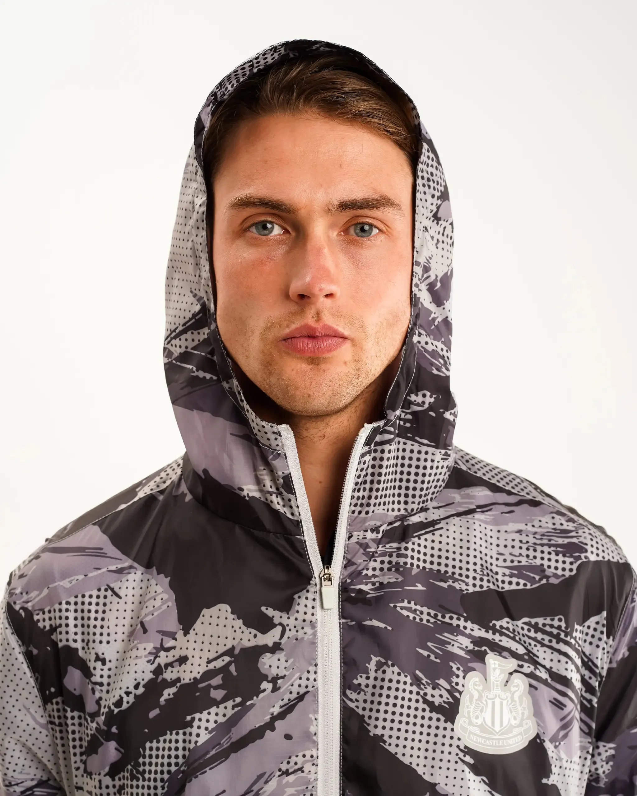 Newcastle United Men's Grey Camo Poly Shower Jacket Easy Clean Material FullCoverageHood