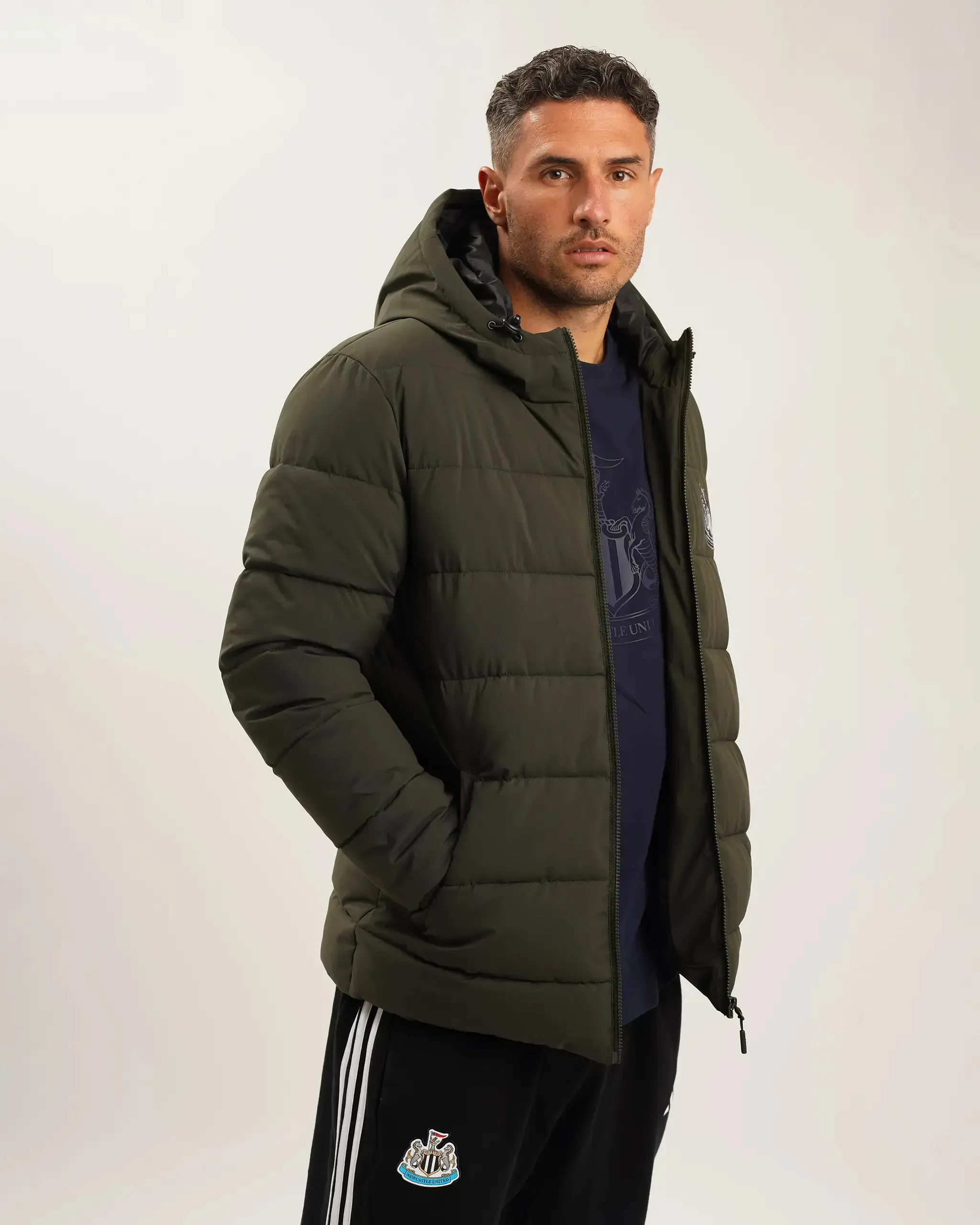 Newcastle United Men's Khaki Short Puffer Jacket Softshell Construction Temperature Regulating Fabric