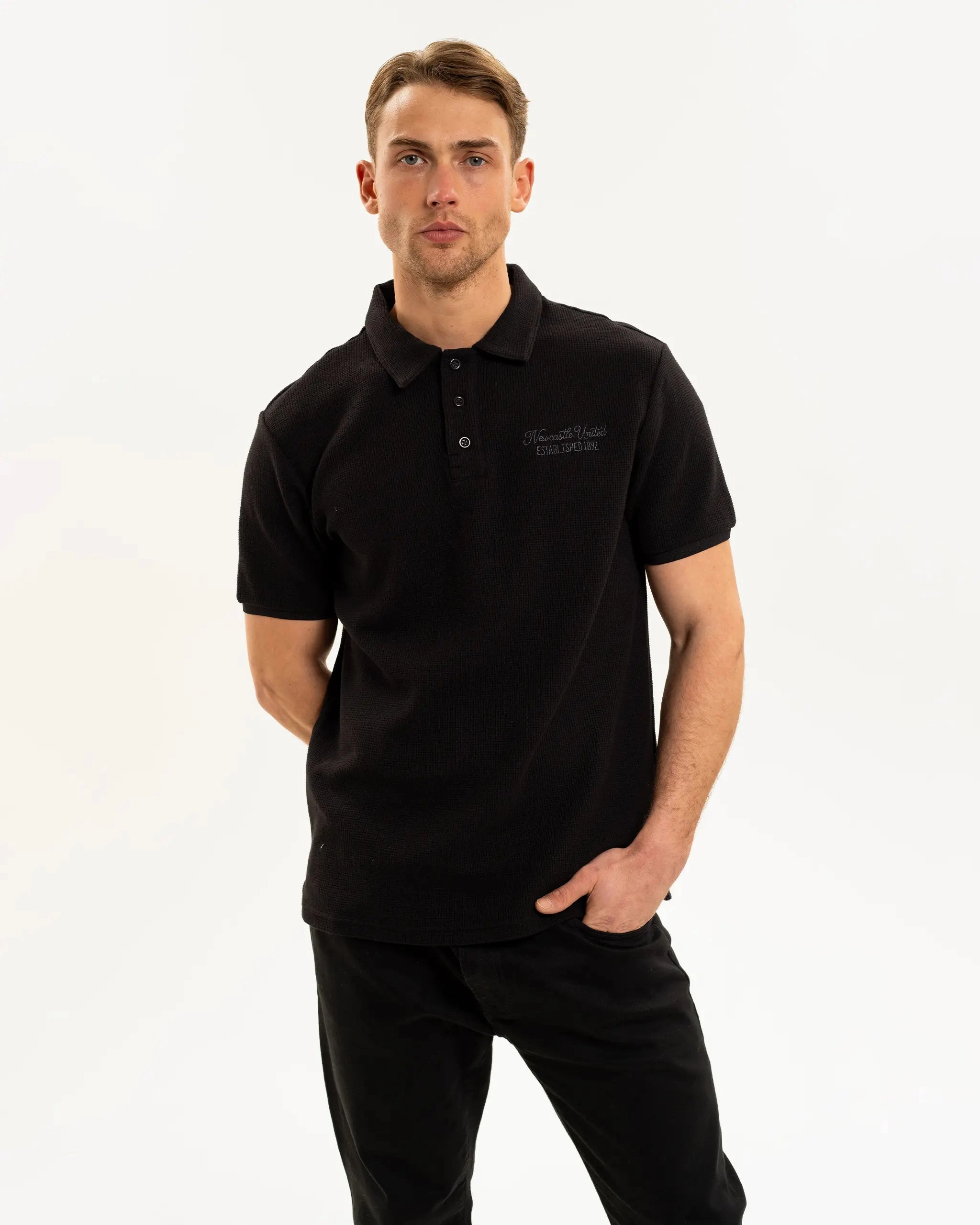 Newcastle United Men's Black Waffle Open Neck Polo Shirt Polished Look Club Attire