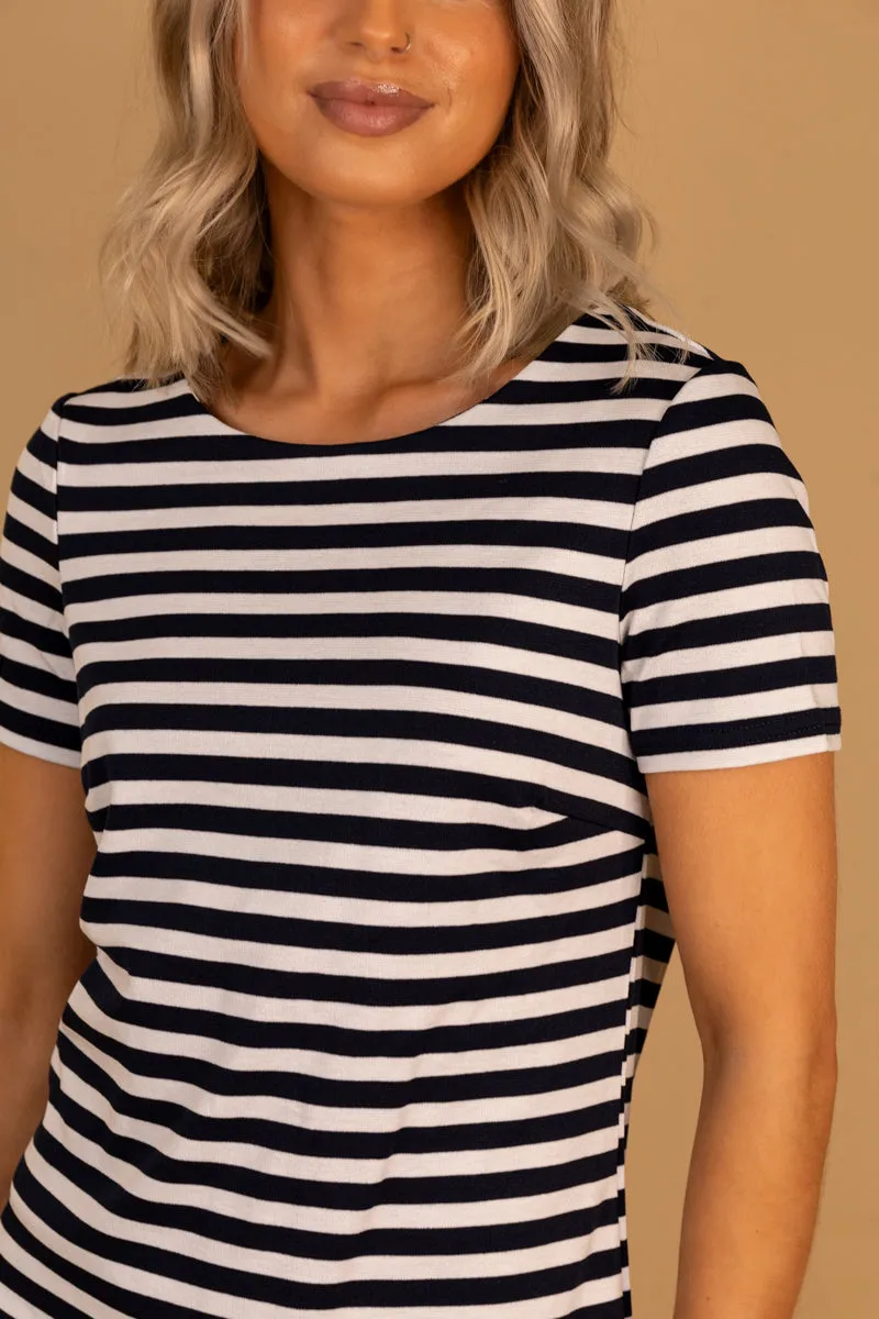 Ninny O-Neck Navy & White Stripe Dress Fit Vibe Comfy and Relaxed