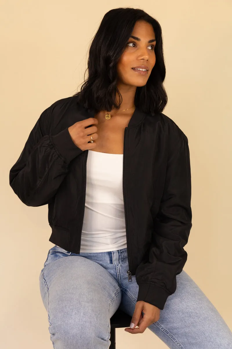 Alma Black Bomber Jacket Durable Abrasion Resistant Collapsible Packable Style