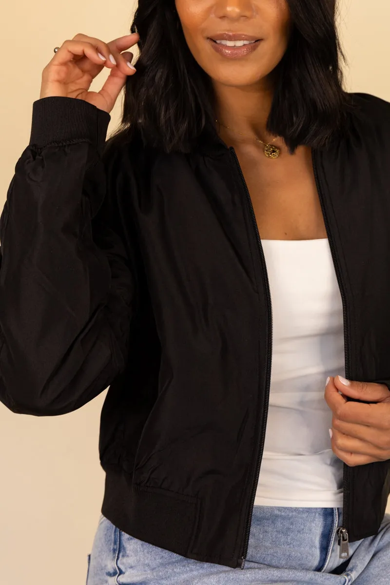 Green Material Gloss Free Texture Alma Black Bomber Jacket