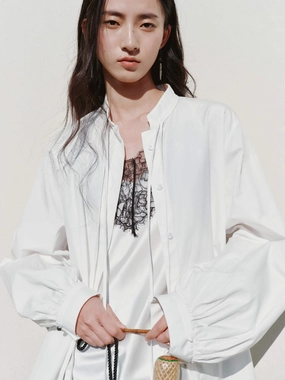 Balloon Sleeve Tie Shirt Non Constricting Waistband Low Profile Stitching