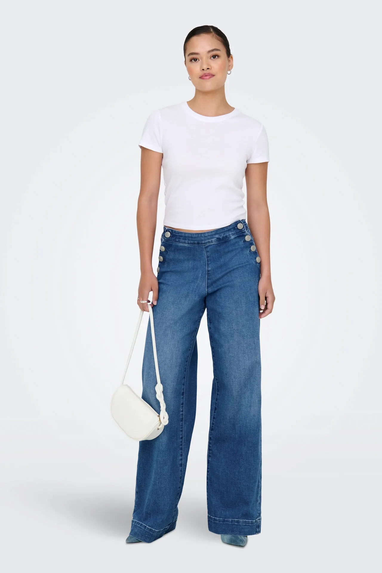 Easy Care Fabric FourWayStretch Madison High Waisted Medium Blue Button Jeans