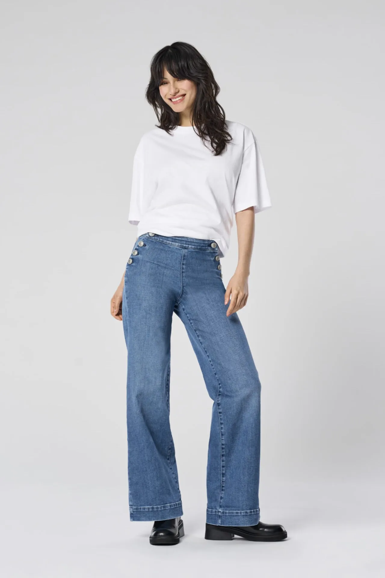 Madison High Waisted Medium Blue Button Jeans LowProfileTopstitching
