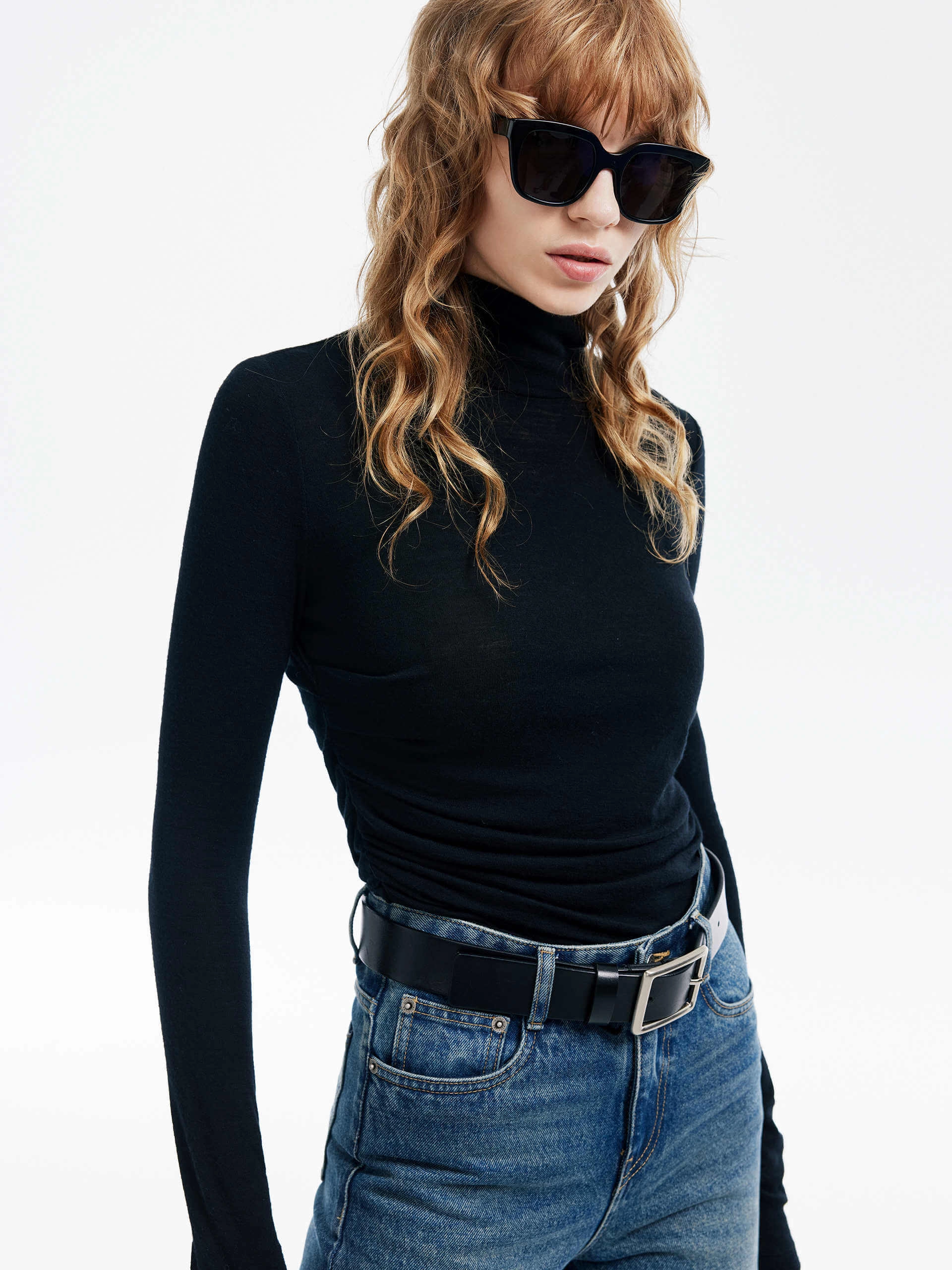 High Density Weave Turtleneck Pleated Detail Top