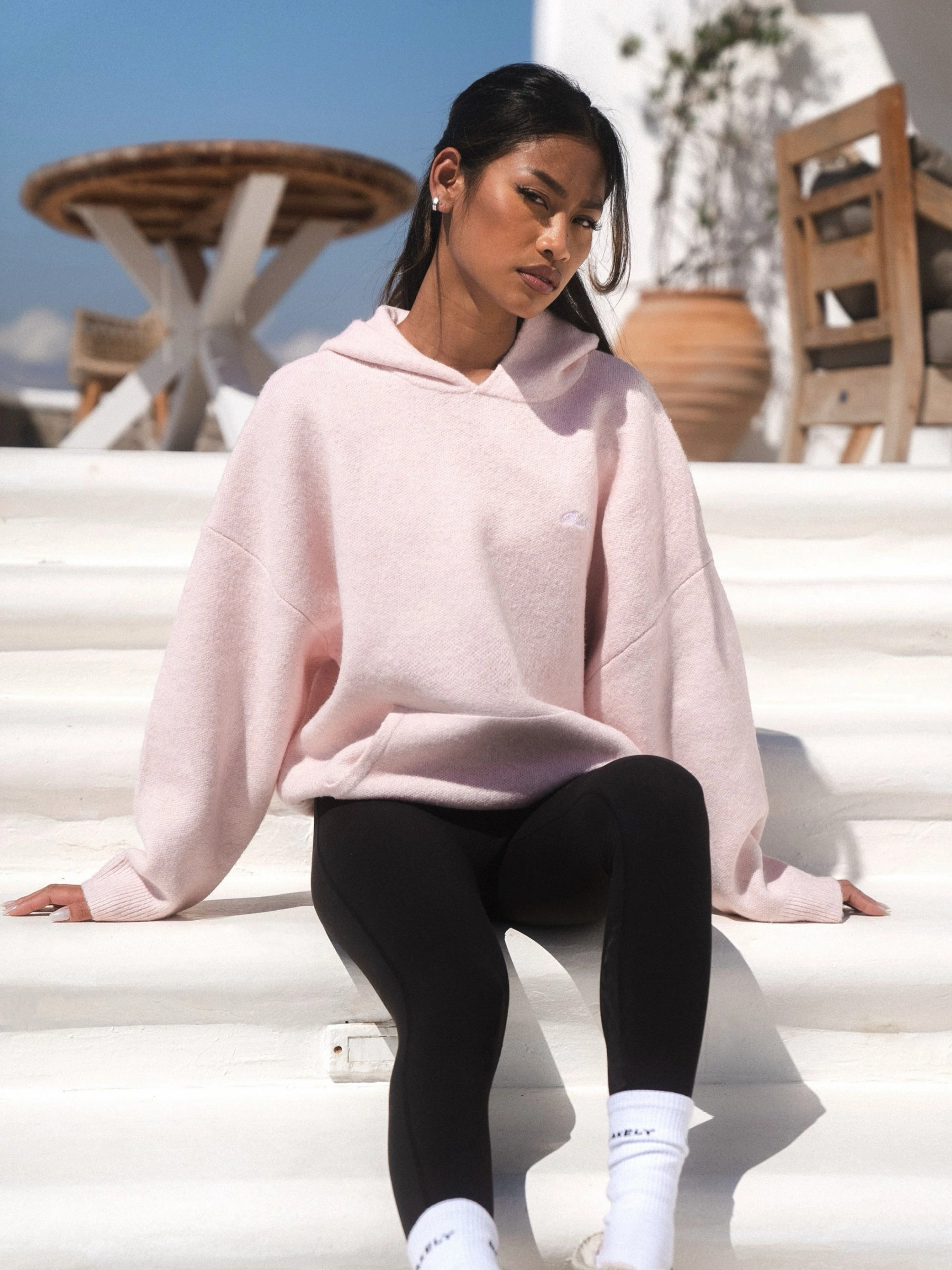 Cozy Style College Wear Oversized Knitted Hoodie - Marshmallow Pink