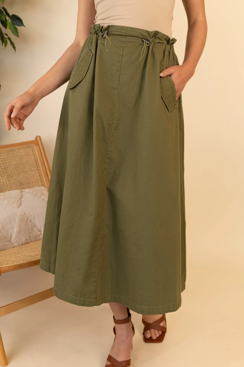 Pamala Long Olive Green Utility Skirt Simple Flow