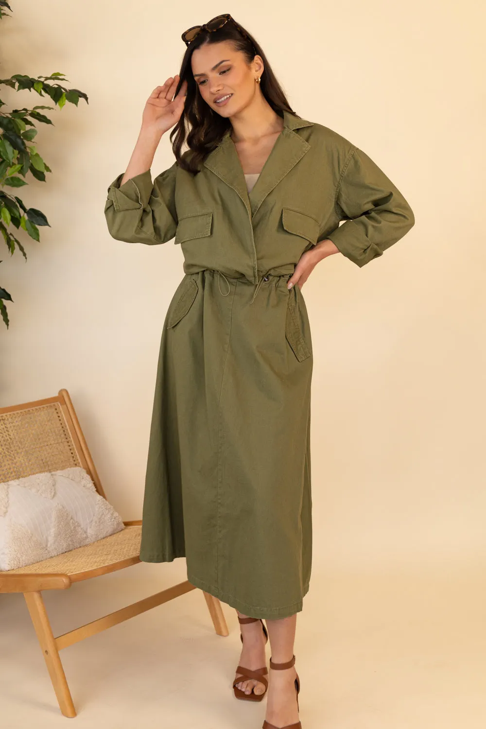Pamala Long Olive Green Utility Skirt Mid Length Chic Tones