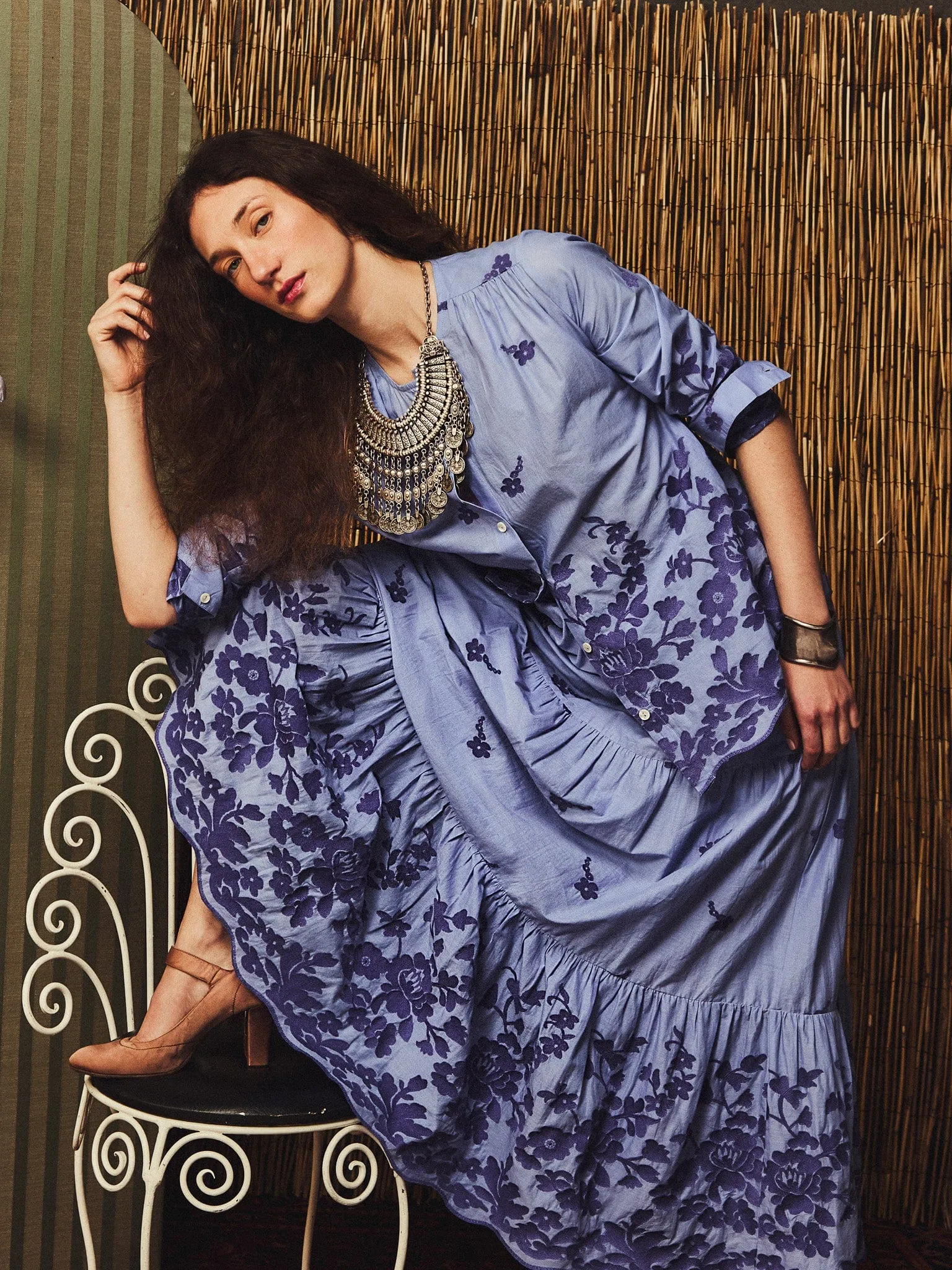 Flared hem Bamboo Fiber Paola Skirt in Periwinkle Embroidery