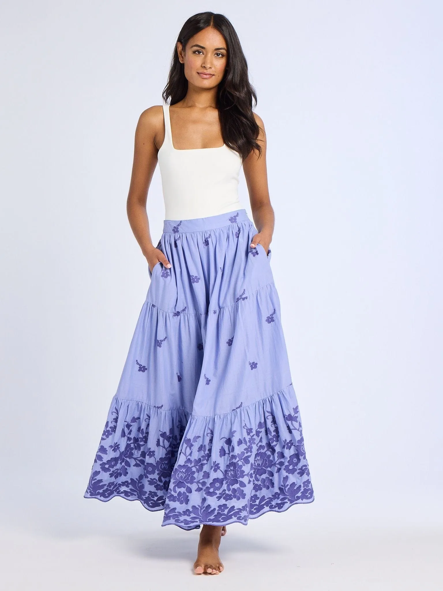 Paola Skirt in Periwinkle Embroidery Balanced Outfit Bold Print