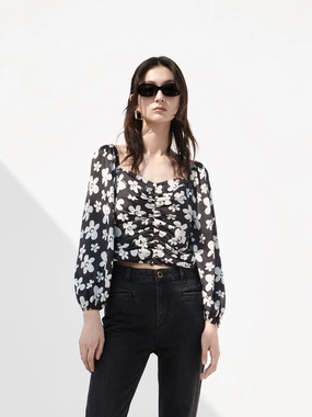 Pleated Floral Print Top Lightweight Knit Four Way Stretch