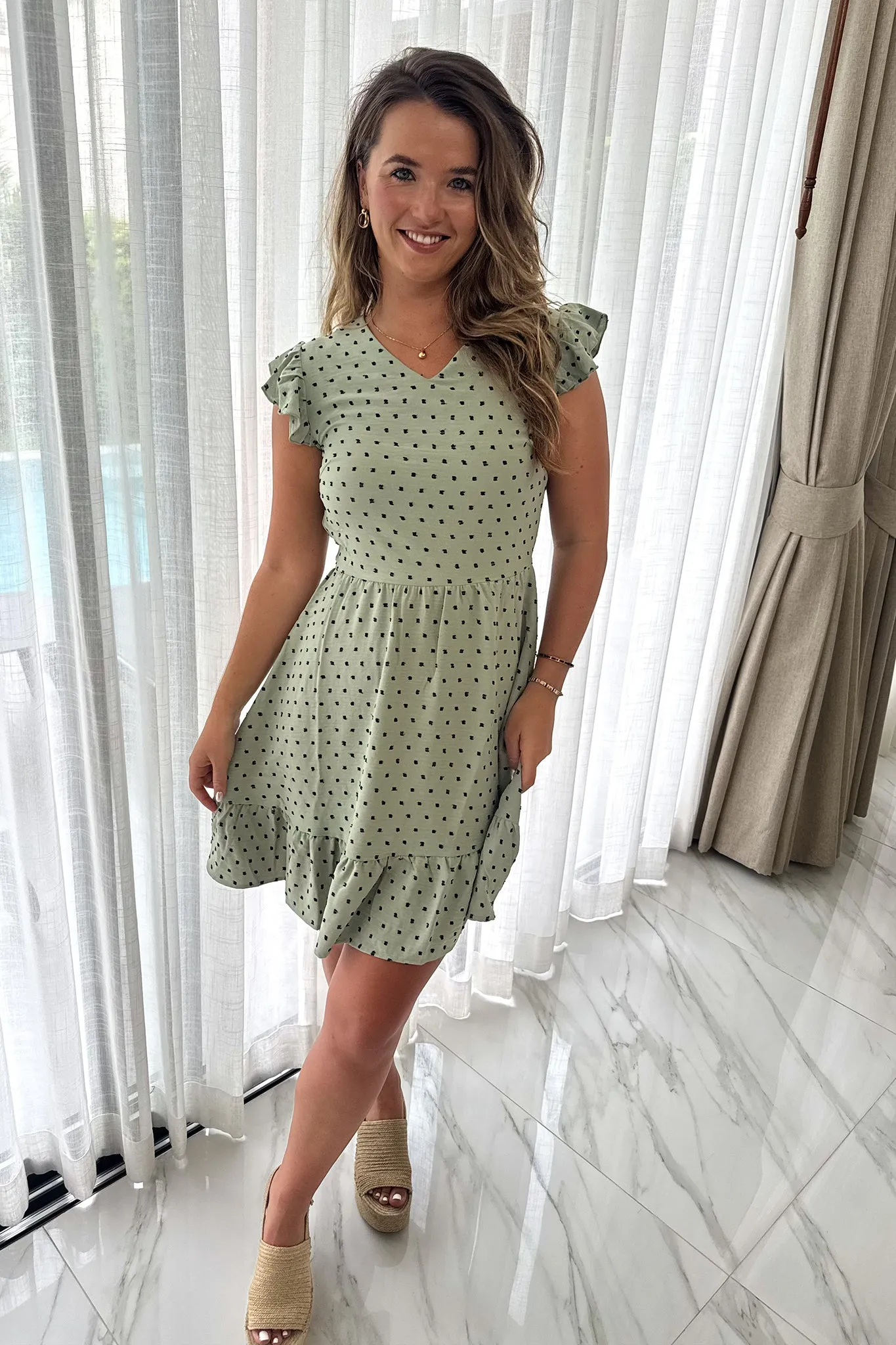 Calm Flow Neya Short Green Black Polka Dot Dress
