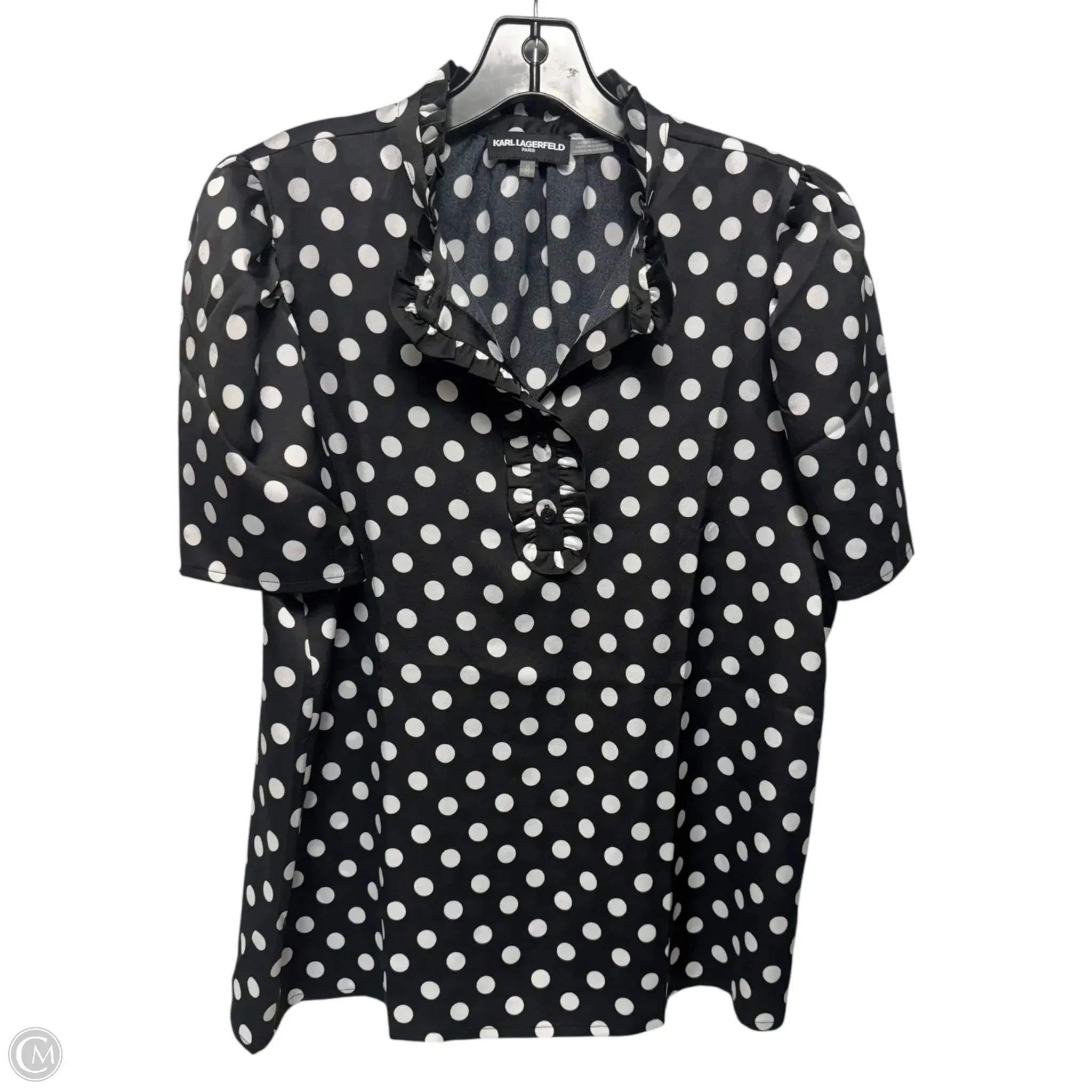 Modern Trend Look Summer Casual Polka Dot Ruffle Blouse Designer By Karl Lagerfeld In Polkadot Pattern, Size: M