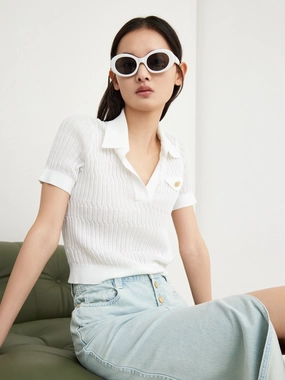Four Way Stretch Fabric Polo Collar Structured Top