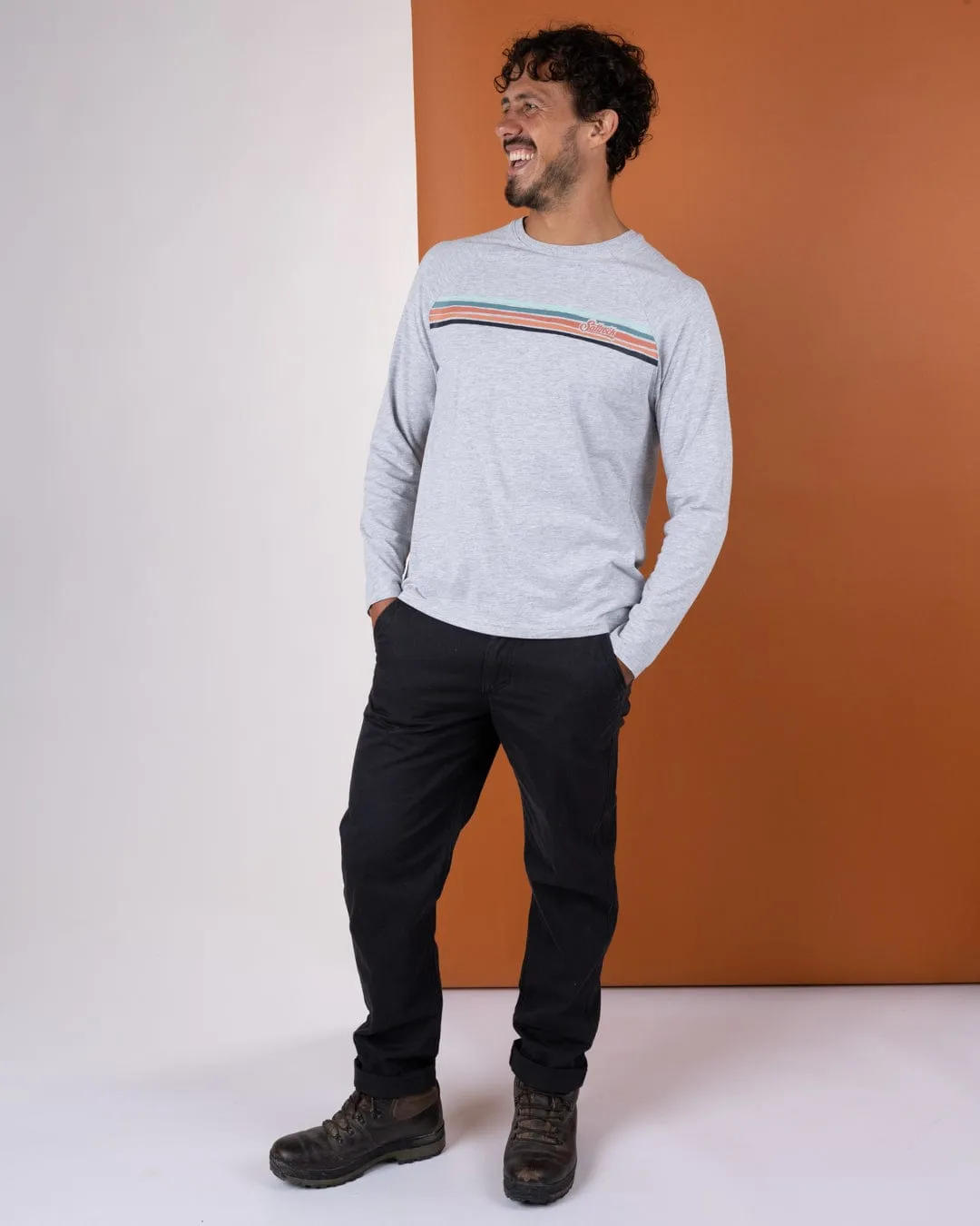 Torn Stripe - Mens Long Sleeve T-Shirt - Grey Cozy and Soft