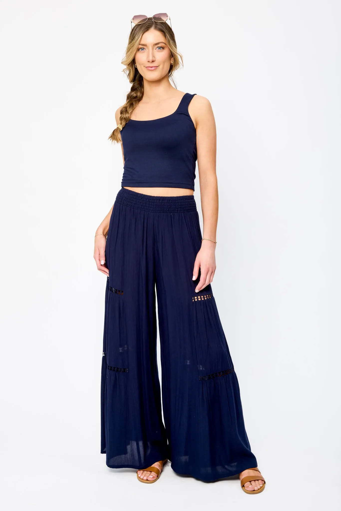 Crinkle Gauze Wide-Leg Pant with Crochet Trim Urban Cool Stretchable Fit
