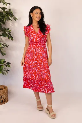 Elsie Red Print Midi Dress NoiseFreeFabric Silky Shine