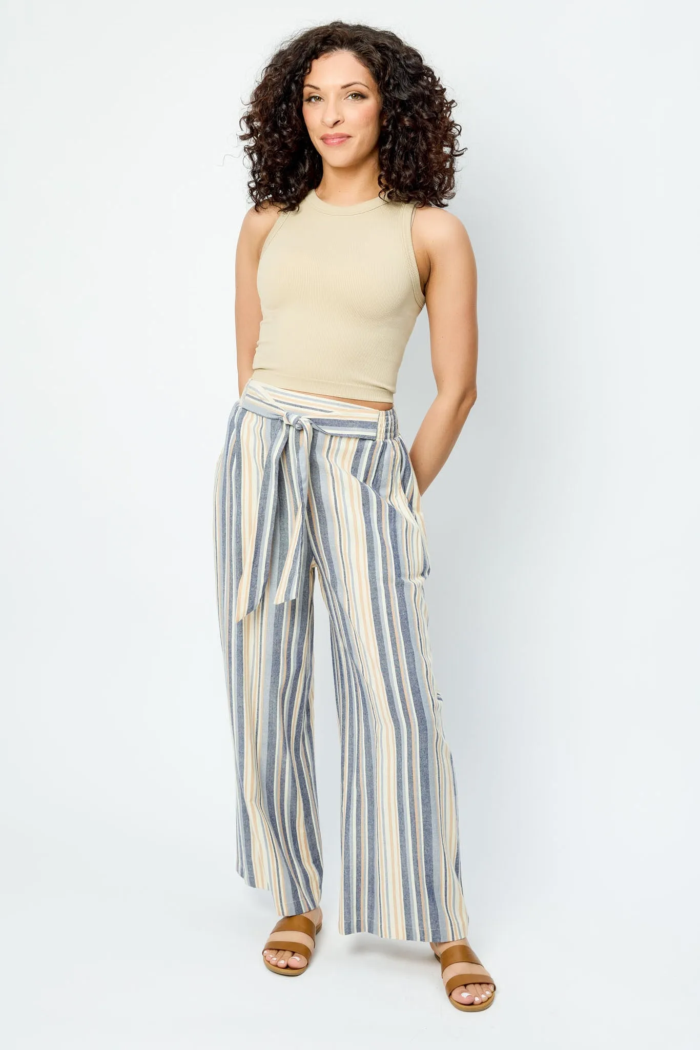 OdorResistantTreatment Tie-Belt Striped Palazzo Pant