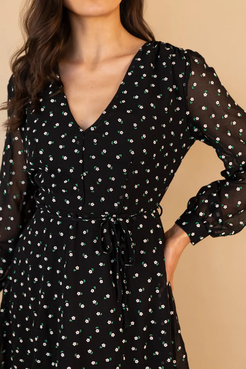 Bella V-Neck Black Floral Print Dress Unique Cut