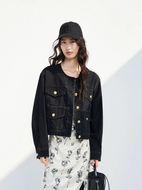 Heat Retention Layer Collarless Cotton Denim Jacket