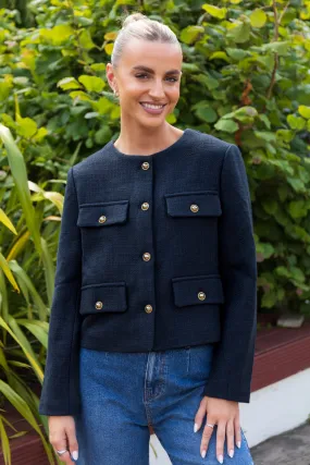 Quinn Cropped Buttoned Navy Jacket Practical Layer Articulated Elbows