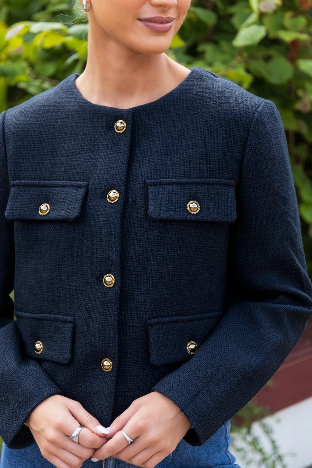 Quinn Cropped Buttoned Navy Jacket Temperature Regulating Lining