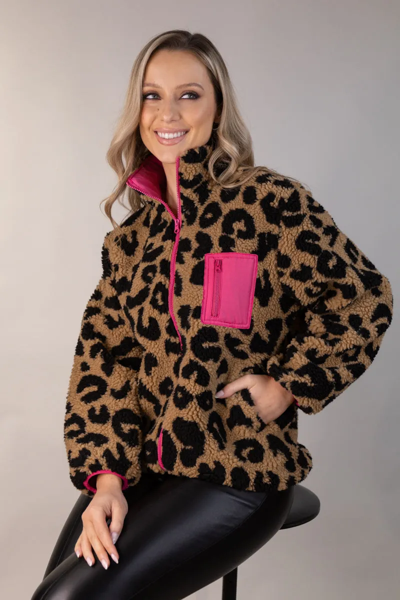 Raelynn Leopard Pink Contrast Zip Fleece Flexible Material
