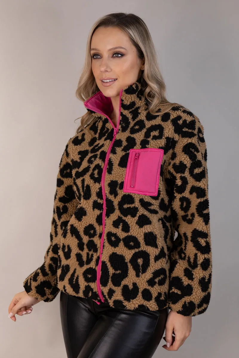 stain resistant coating Raelynn Leopard Pink Contrast Zip Fleece