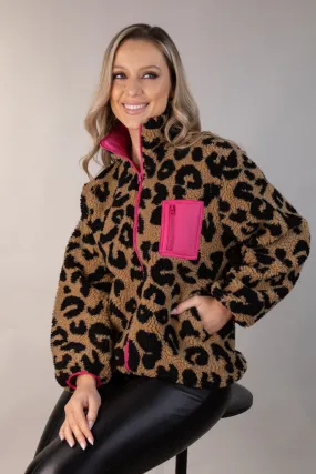 Raelynn Leopard Pink Contrast Zip Fleece Flexible Material