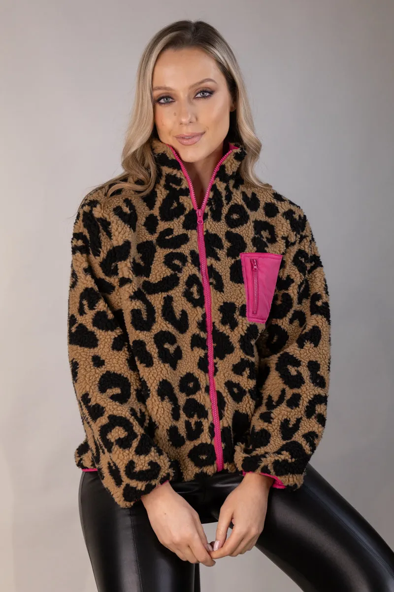 Multi Purpose Layer Moisture Wicking Inner Raelynn Leopard Pink Contrast Zip Fleece