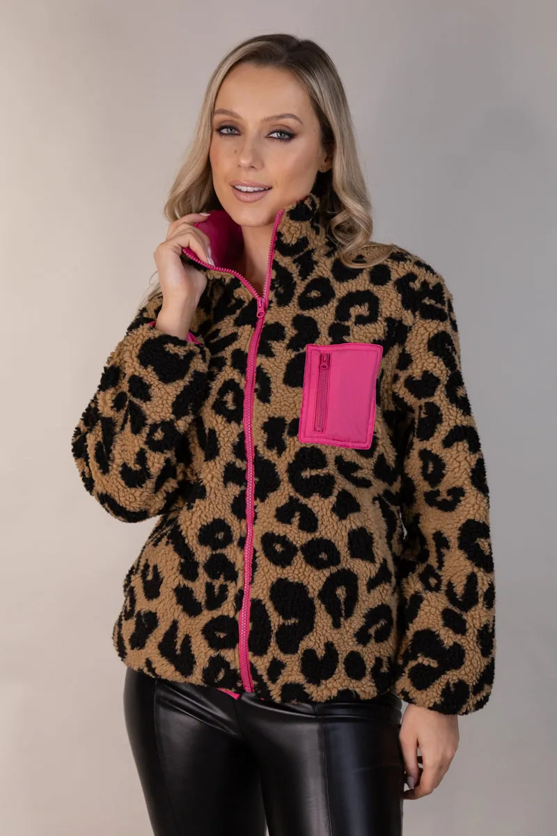 Raelynn Leopard Pink Contrast Zip Fleece Microfiber Blend MoistureWickingLining