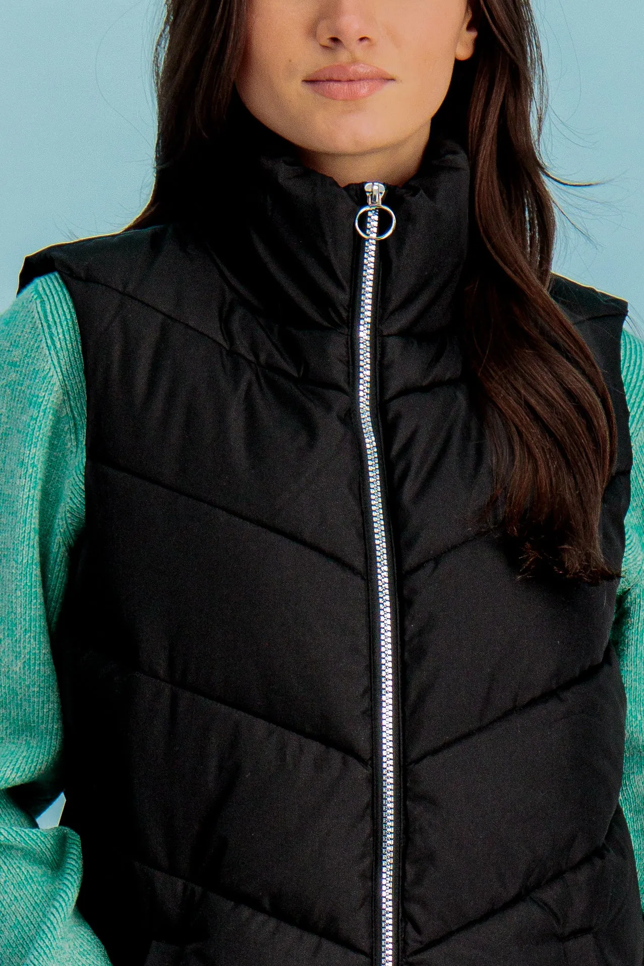 Black Mabel Long Quilted Gilet Taped Seam Construction