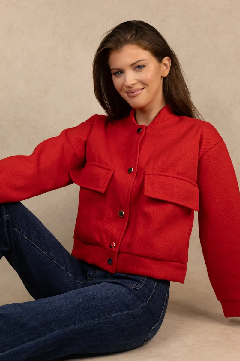 Red Cropped Bomber Jacket Quick Access Pockets Everyday Active Style