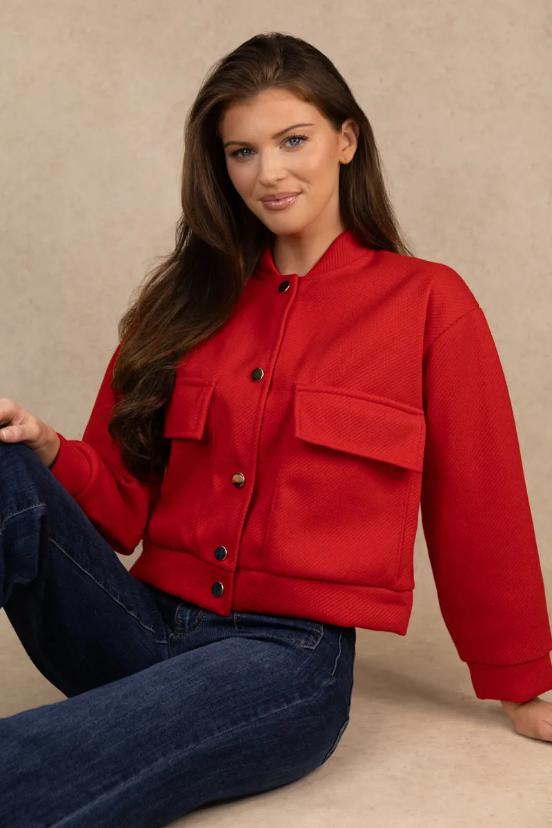 Red Cropped Bomber Jacket Quick Release Fasteners