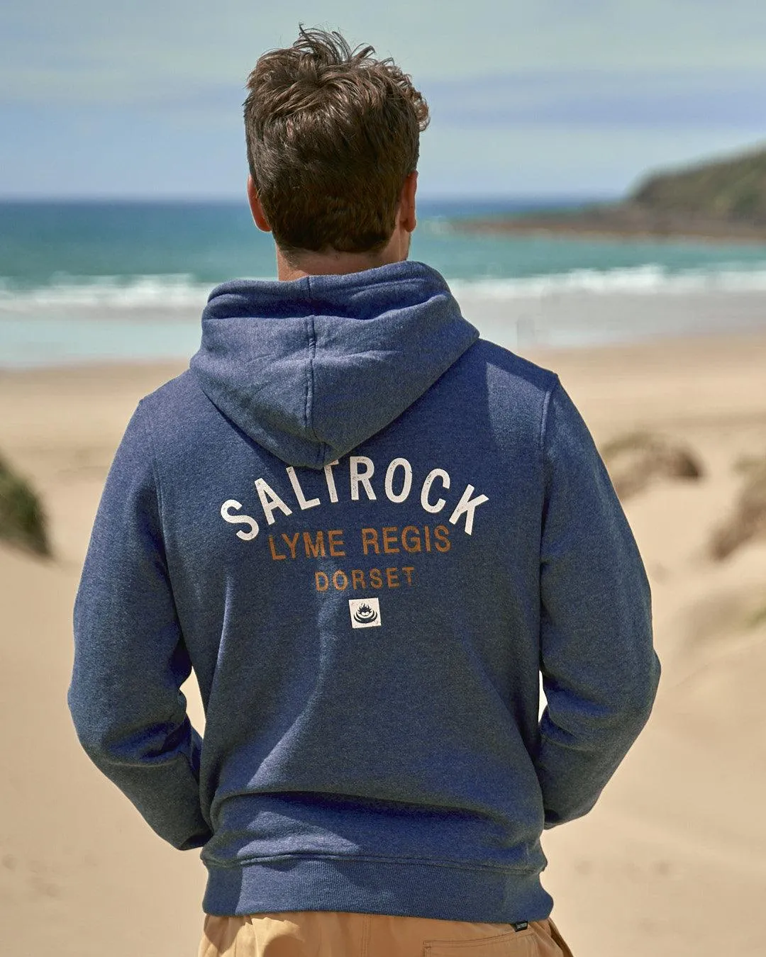 Location - Mens Pop Hoodie - Lyme Regis - Dark Blue Winter Ready Look