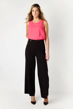 Knit Crepe Wide-Leg Pant with Single Button Waistband Comfort Wear Fit