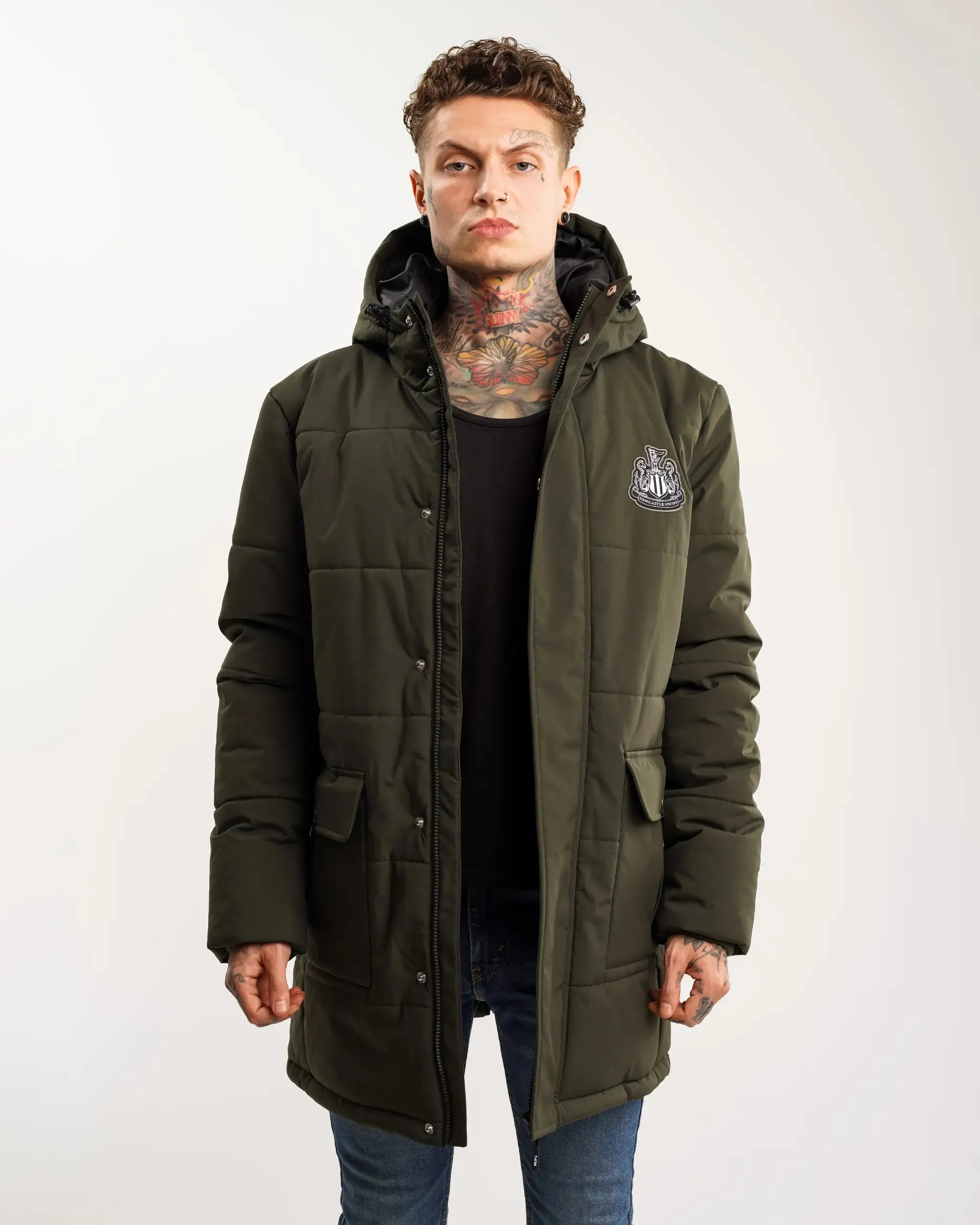 Newcastle United Men's Khaki Long Line Padded Jacket (Stadio) Low Profile Fastening