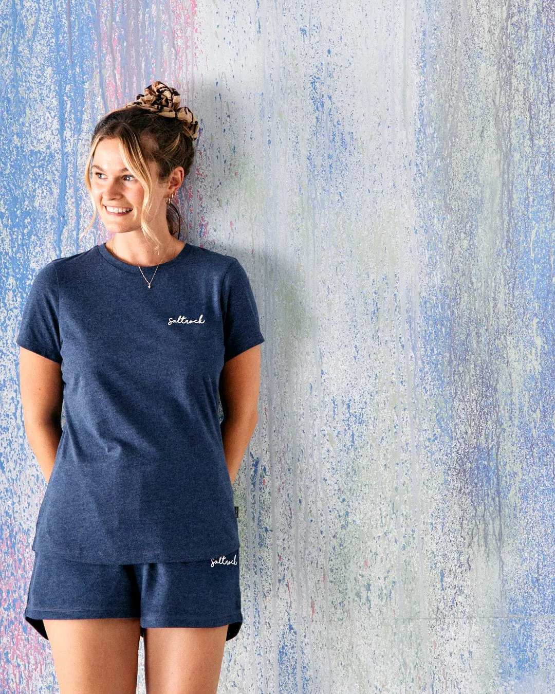 Velator - Womens Short Sleeve T-Shirt - Blue Marl print design Chic Casual Wear