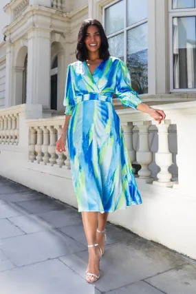 Rexa Blue & Green Abstract Print Dress Fluid Fabric Flowy summer gown