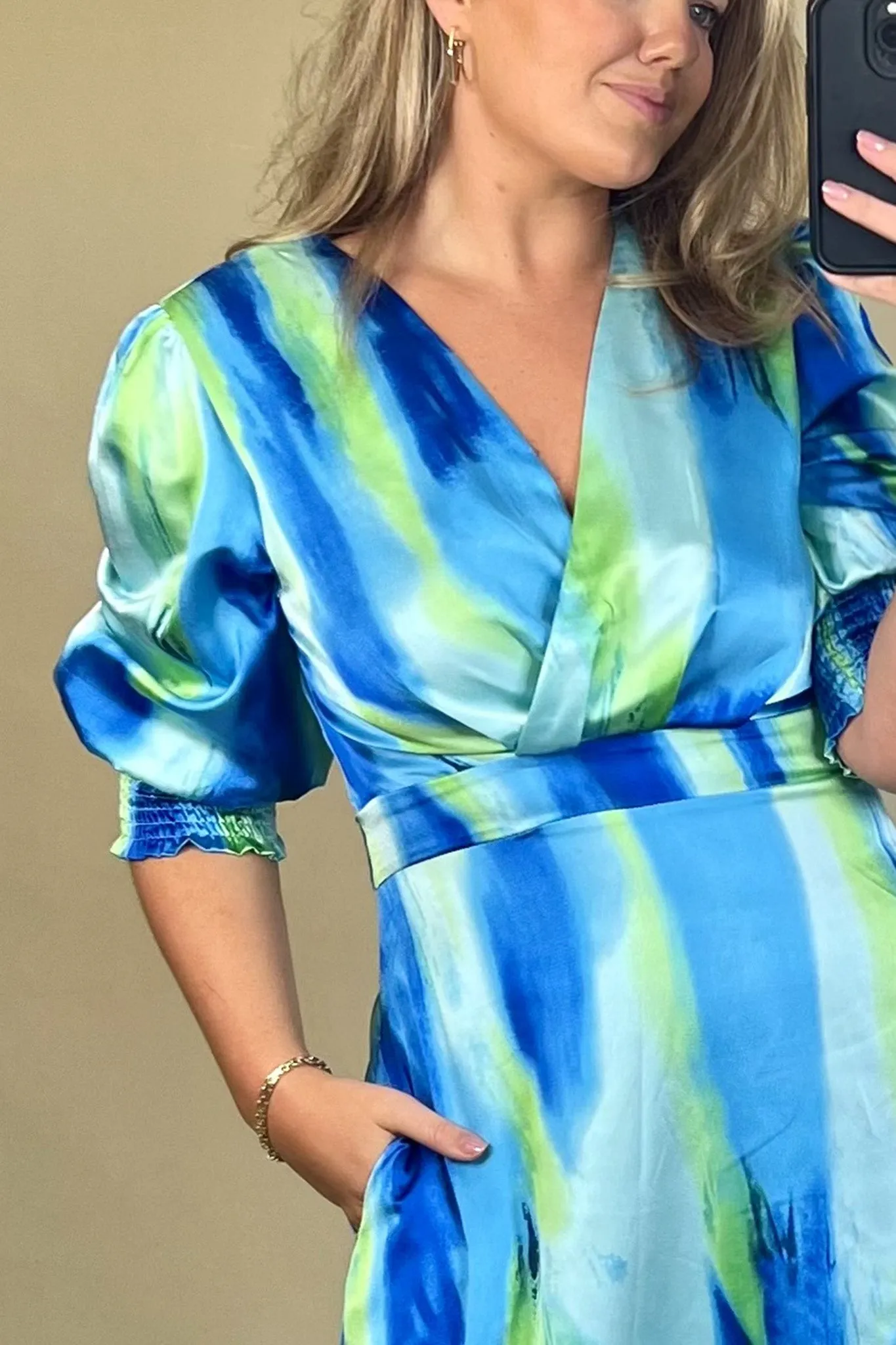 Sleek Drape Rexa Blue & Green Abstract Print Dress
