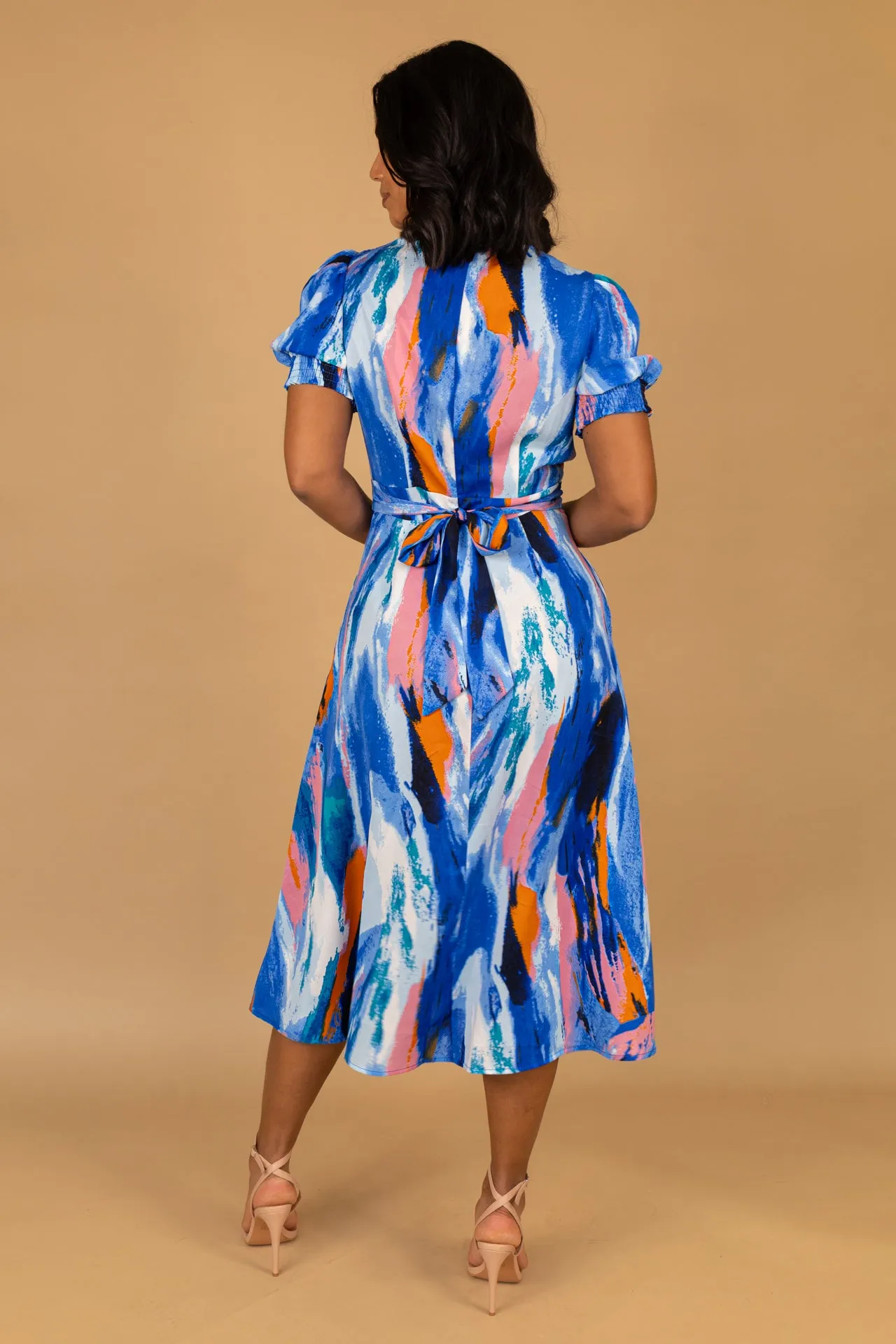 Bishop-Sleeve Embroidered Fabric Rexa Blue & Pink Abstract Print Dress