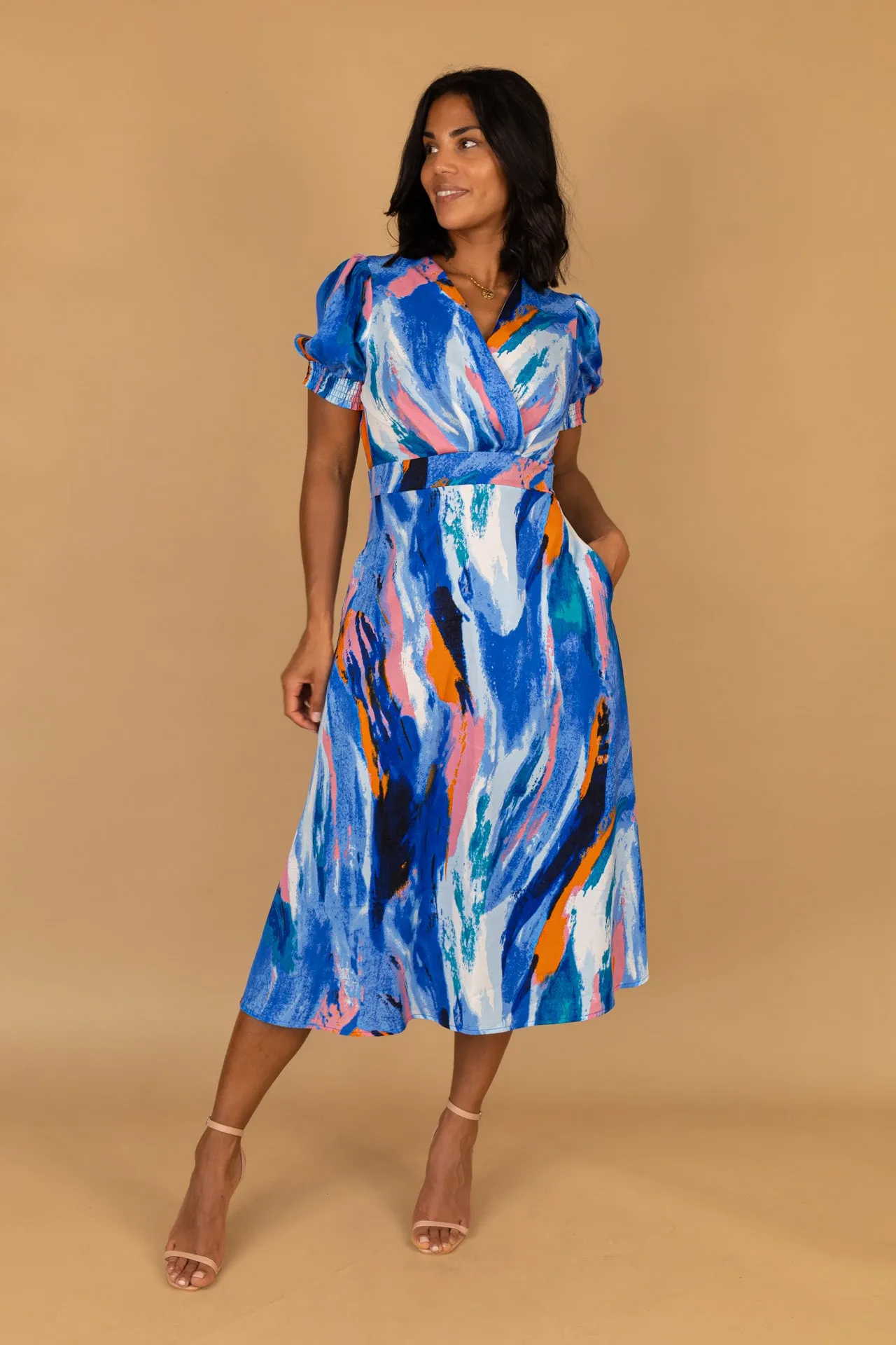Chic Motion Rexa Blue & Pink Abstract Print Dress