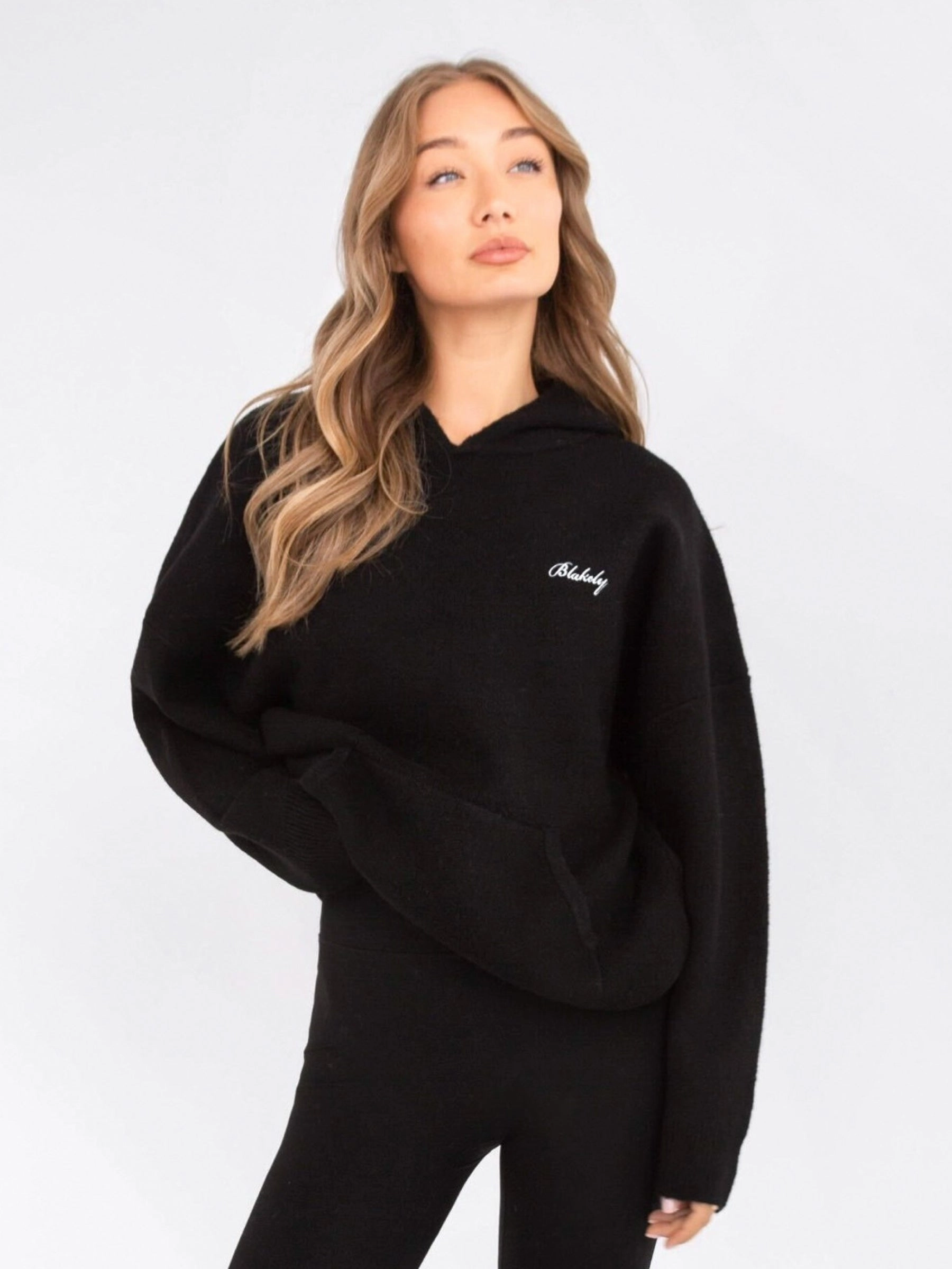 Feathery accents Oversized Knitted Hoodie - Black